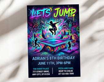 Let's Jump Trampoline Birthday Invitation, Glow Graffiti 8th Birthday Invite, Kids Indoor Playground Card, Jump Party, Canva Template A1764