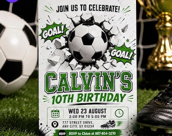 Invitación de cumpleaños de fútbol, plantilla de invitación con temática deportiva de fútbol, fiesta de cumpleaños número 10 para niño, descarga de Canva C172