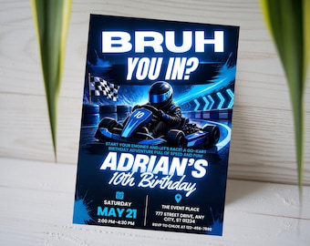 Bruh You In Go Kart Birthday Invitation, Glow Go-Kart 10th Birthday Invite, Kids Neon Racing Party Card, Teen Track, Canva Template A1751