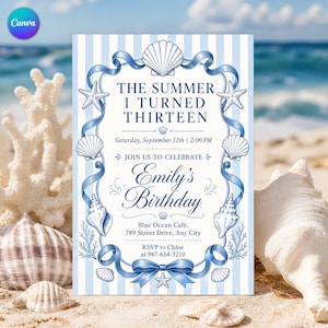 May include: A rectangular birthday invitation card with a white and light blue vertical striped background. The text reads: THE SUMMER I TURNED THIRTEEN, Saturday, September 12th | 2:00 PM, JOIN US TO CELEBRATE, Emily's Birthday, Blue Ocean Café.