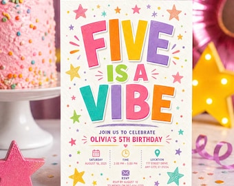Invitación de cumpleaños Groovy Five is a Vibe, plantilla de invitación infantil con temática de estrellas brillantes y coloridas, fiesta de cumpleaños de niña de 5 años, descarga de Canva C110