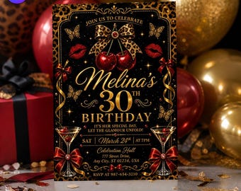 Leopard Cherry 30th Birthday Invitation, Glamour Glitter Lips Invite Template, Melina Thirty Adult Party, Canva Download C236