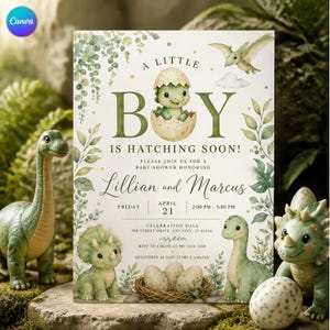 Dinosaur Baby Shower Invitation, A Little Boy Is Hatching Soon Theme, Watercolor Cute Dino Eggs Neutral Greenery Printable Template C739