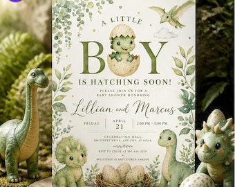 Dinosaur Baby Shower Invitation, A Little Boy Is Hatching Soon Theme, Watercolor Cute Dino Eggs Neutral Greenery Printable Template C739