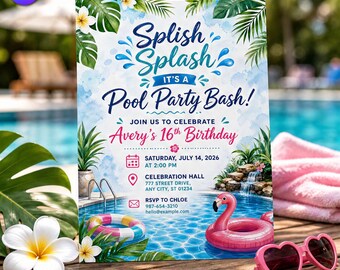 Invitación de cumpleaños con temática de piscina en acuarela, plantilla de invitación con temática de verano tropical para fiestas de 16 cumpleaños, descarga en Canva C152