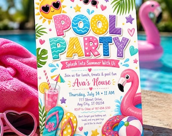 Invitación a fiesta en la piscina con diseño de niña en acuarela, plantilla para fiesta de verano en la piscina, invitación de cumpleaños infantil con flamencos, donas y pelotas de playa, descarga en Canva C062