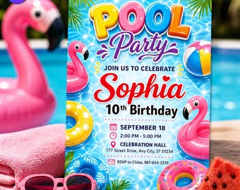 Invitación de cumpleaños con temática de flamencos coloridos para fiesta en la piscina, plantilla de invitación para niños con temática de natación de verano, fiesta de cumpleaños número 10 para niña, descarga de Canva C165