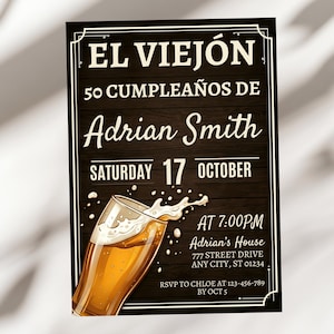 Spanish Men Birthday Invitation, El Viejon Cumpleanos Invite, Rustic Beer Wooden 50th Party Bash, Aged to Perfection, Canva Template A1443