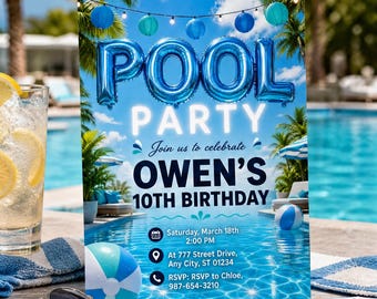 Invitación de cumpleaños para fiesta en la piscina con globos de papel de aluminio azul, plantilla para fiesta de verano en la piscina para niño, fiesta de cumpleaños infantil con pelota de playa estilo luau para el décimo cumpleaños, descarga de Canva C067