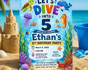 Let's Dive Into 5 Birthday Invitation, Under the Sea Marine Template, Ethan 5th Birthday Ocean Whale Crab, Canva Download C272