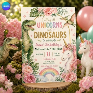 May include: A rectangular birthday invitation card featuring a green T-Rex, a flying pterodactyl, and a white unicorn with a gold horn. The text reads Calling all UNICORNS and DINOSAURS to celebrate Ariana's 3rd birthday & Nathaniel's 6TH BIRTHDAY.