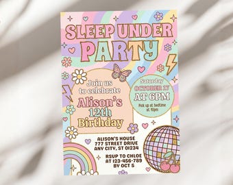 Invitación a fiesta de pijamas retro con estilo, invitación de cumpleaños para pijamadas, plantilla de mariposa con cerezas y bola de discoteca en tonos pastel, A1363