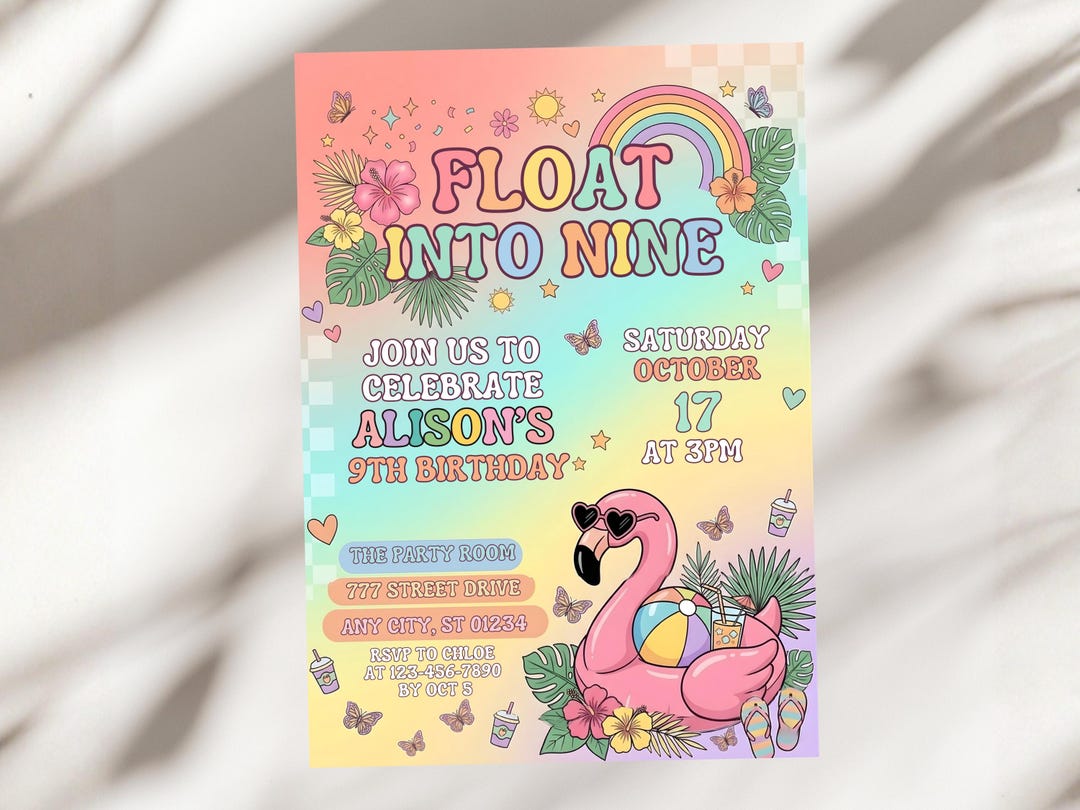 Floating Invite Float Into Nine Birthday Invitation, Tropical Flamingo Pool Party ...