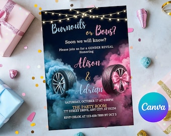 Burnouts of strikken Gender Reveal, autothema babyshower, roze of blauwe rook, band gender Reveal uitnodiging, canvassjabloon A1010