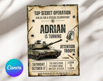 Invitación de cumpleaños con temática de tanque militar, invitación a fiesta militar, cumpleaños de soldado con camuflaje, operación ultrasecreta, plantilla Canva A1032