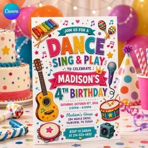 May include: A colorful birthday party invitation card featuring musical instruments like a guitar, drum, tambourine, and maracas. The text reads: JOIN US FOR A DANCE SING & PLAY TO CELEBRATE MADISON'S 4TH BIRTHDAY, SATURDAY, OCTOBER 10TH, 2026, 3:00PM - 6:00PM.