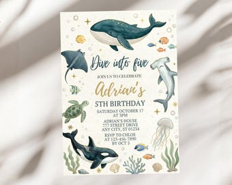 Duik in verjaardagsuitnodiging Five, Whale & Shark Ocean Party, Aquatic Birthday Kids, A1328