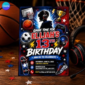Elijah 13th Birthday Invitation, Gaming Sports Video Game Combo Party Template, Teen Skateboard Basketball Soccer Controller Download C646