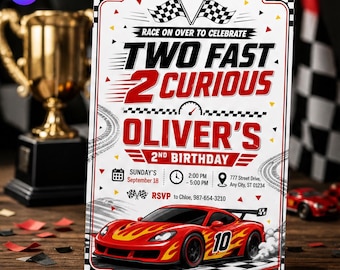 Verjaardagsuitnodiging Two Fast 2 Curious, raceautothemasjabloon, Oliver 2e verjaardag Speedster Flame Bash, canvadownload C259