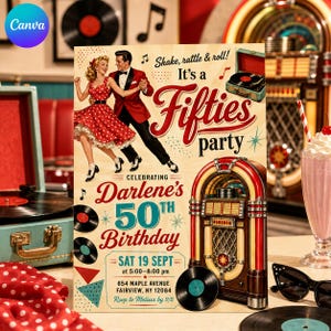 Könnte beinhalten: Eine rechteckige Einladungskarte im Stil der 1950er Jahre mit einem tanzenden Paar, einer Jukebox und Schallplatten. Der Text lautet: Shake, rattle & roll! It's a Fifties party, Celebrating Darlene's 50th Birthday, Sat 19 Sept, 654 Maple Avenue.