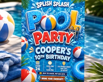 Invitación de cumpleaños para fiesta en la piscina con temática de chapoteo, plantilla de invitación para fiesta de verano en la piscina para niños, fiesta de cumpleaños con pelotas de playa para niños, descarga de Canva C050