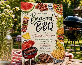 Backyard BBQ Invitation, Hawthorne Residence Family Cookout, Watercolor Grill Burger Steak Hot Dog Printable Template C770