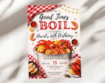 Invitación de cumpleaños número 50 para adultos con mariscada, invitación "Que empiece la fiesta", tarjeta con cangrejo de río, cangrejo y camarones, plantilla editable de Canva A1603