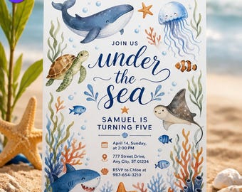 Under the Sea 5th Birthday Invitation, Cute Ocean Shark Template, Samuel Fifth Birthday Watercolor Whale Stingray, Canva Download C292