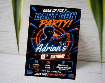 Dart Gun 10th Birthday Invitation, Gear Up Dart Battle Invite, Kids Neon Foam Blaster Card, Boys Tactical Arena Party, Canva Template A1749