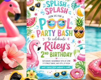 Invitación de cumpleaños colorida para fiesta en la piscina, plantilla de invitación con temática de natación de verano para niños, fiesta de segundo cumpleaños para niña, descarga de Canva C161