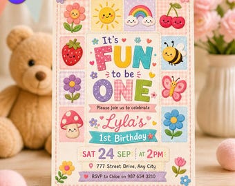 Fun to be One 1st Birthday Invitation, Pastel Patchwork Quilt Template, Lyla First Birthday Pink Gingham Mushroom, Canva Download C330
