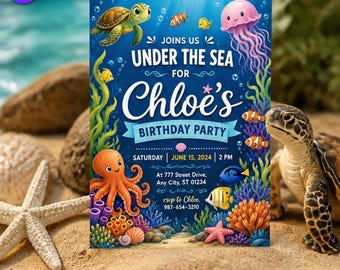 Under the Sea Birthday Invitation, Cute Ocean Animals Template, Chloe Birthday Party Mermaid Octopus Bash, Canva Download C270