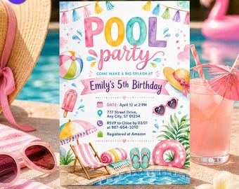 Invitación de cumpleaños con temática de piscina en acuarela, plantilla de invitación con temática veraniega de natación para niñas en tonos pastel, fiesta de cumpleaños número 5 para niños, descarga en Canva C164