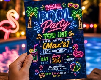 Invitación de cumpleaños con temática de fiesta en la piscina neón, plantilla de invitación con temática de natación nocturna de verano, fiesta de cumpleaños número 8 para niño, descarga de Canva C154