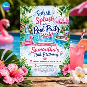 Aquarell Pool Party Geburtstagseinladung, Tropischer Sommer Schwimmen Thema Einladen Vorlage, Mädchen 16.Geburtstags-Bash, Canva Download C153