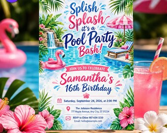 Invitación de cumpleaños con temática de piscina en acuarela, plantilla de invitación con temática de natación tropical de verano, fiesta de cumpleaños número 16 para niña, descarga en Canva C153