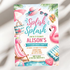 Invitación de cumpleaños con temática de fiesta en la piscina para niñas en acuarela, invitación con diseño de chapoteo en la piscina, tarjeta con tumbona de flamenco rosa, plantilla editable de Canva A1584
