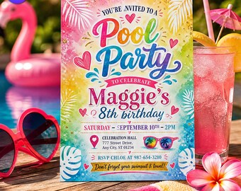 Invitación de cumpleaños con temática de piscina arcoíris, plantilla de invitación con temática veraniega de natación tie-dye, fiesta de cumpleaños número 8 para niña, descarga de Canva C155