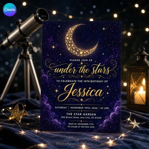 Under The Stars Birthday Invitation, Celestial Moon Night Party Template, Jessicas 16th Birthday Sweet Sixteen Download C664