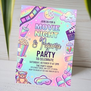 May include: A colorful invitation for a Movie Night & Pajama Party. The design features a rainbow background with illustrations of popcorn, a drink, a film strip, a clapperboard, and other party-themed graphics. The text invites guests to celebrate on October 17.