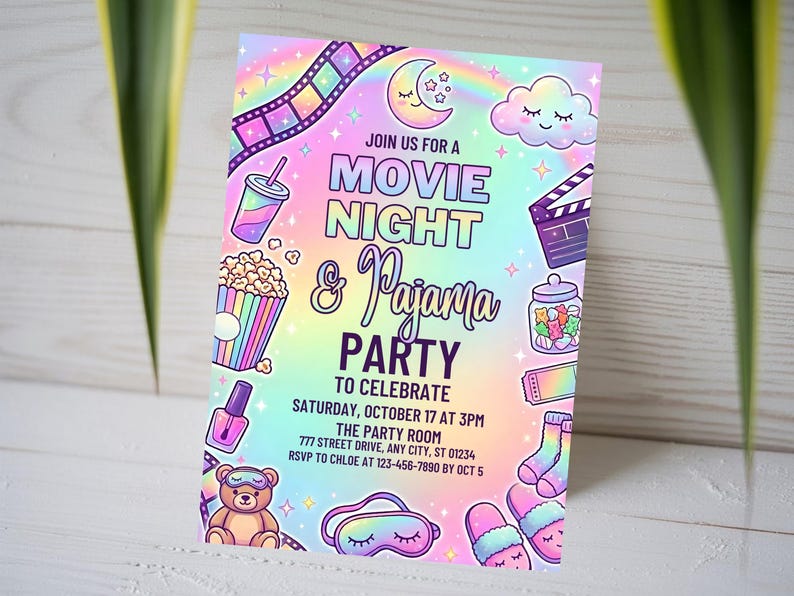May include: A colorful invitation for a Movie Night & Pajama Party. The design features a rainbow background with illustrations of popcorn, a drink, a film strip, a clapperboard, and other party-themed graphics. The text invites guests to celebrate on October 17.