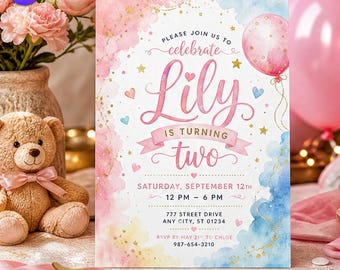 Watercolor Balloons Birthday Invitation, Pastel Agate Clouds Template, Lily 2nd Birthday Pink Ribbon Bow Download C338