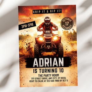 May include: A rectangular party invitation featuring a rider on a red ATV kicking up dirt. Text reads: GRIP IT & RIP IT!, 3PM-5PM, OCTOBER 17 SATURDAY, ADRIAN IS TURNING 10, THE PARTY ROOM, 777 STREET DRIVE, ANY CITY, ST 01234, RSVP TO CHLOE AT 123-456-7890 BY OCT 5.