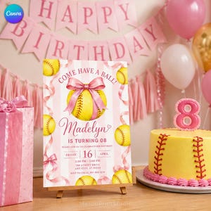 May include: A birthday invitation card featuring a yellow softball with a pink bow, pink striped background, and text reading Come Have A Ball! Madelyn Is Turning 08, Friday 16 April, 2:00 PM - 5:00 PM, 789 Street Drive, Any City, ST 01234.