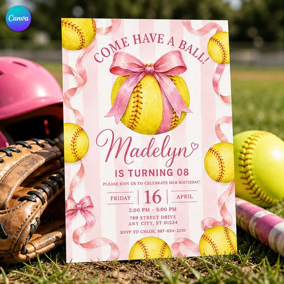 Softball Birthday Invitation, Come Have A Ball Party Invite, Pink Ribbon Girls Sports Birthday Card, Canva Template C932