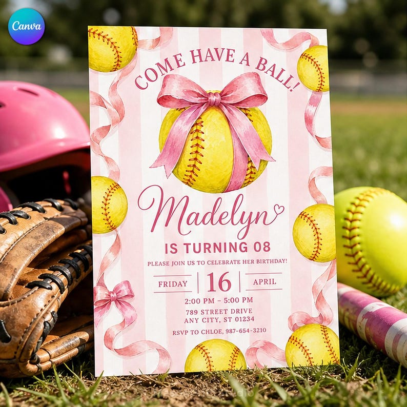 May include: A rectangular birthday invitation card with a light pink and white striped background. It features yellow softballs with red stitching, pink ribbons, and the text: COME HAVE A BALL! Madelyn IS TURNING 08. FRIDAY 16 APRIL 2:00 PM - 5:00 PM.