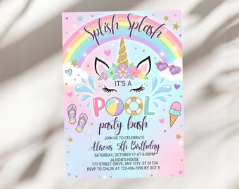Invitación de cumpleaños para fiesta en la piscina con temática de unicornios, invitación de verano con salpicaduras, fiesta mágica en la piscina, A1348