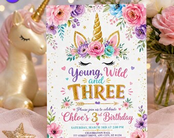 Young Wild and Three Birthday Invitation, Watercolor Floral Unicorn Template, Chloe 3rd Birthday Gold Glitter Bash, Canva Download C319