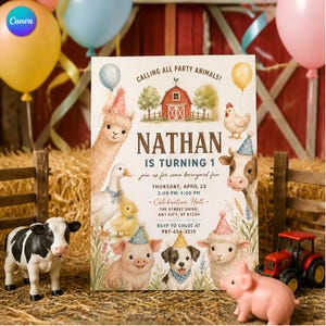 May include: A rectangular birthday invitation card featuring a red barn illustration and various farm animals wearing party hats, including a llama, duck, pig, dog, sheep, cow, and chicken, with text reading NATHAN IS TURNING 1.