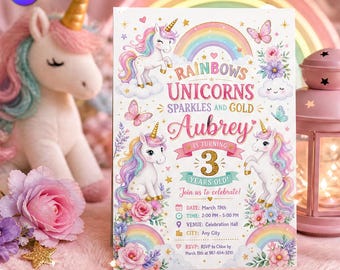 水彩画風ユニコーン誕生日招待状、虹、ユニコーン、キラキラ、ゴールドのテンプレート、オーブリー3歳の誕生日、花柄、ピンクの雲 C343